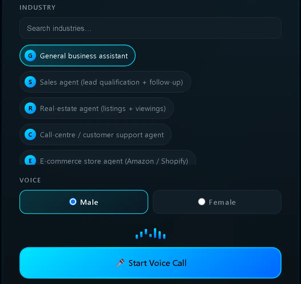The live voice demo: an industry selector, a speaking level meter, and the call control, mid-call.